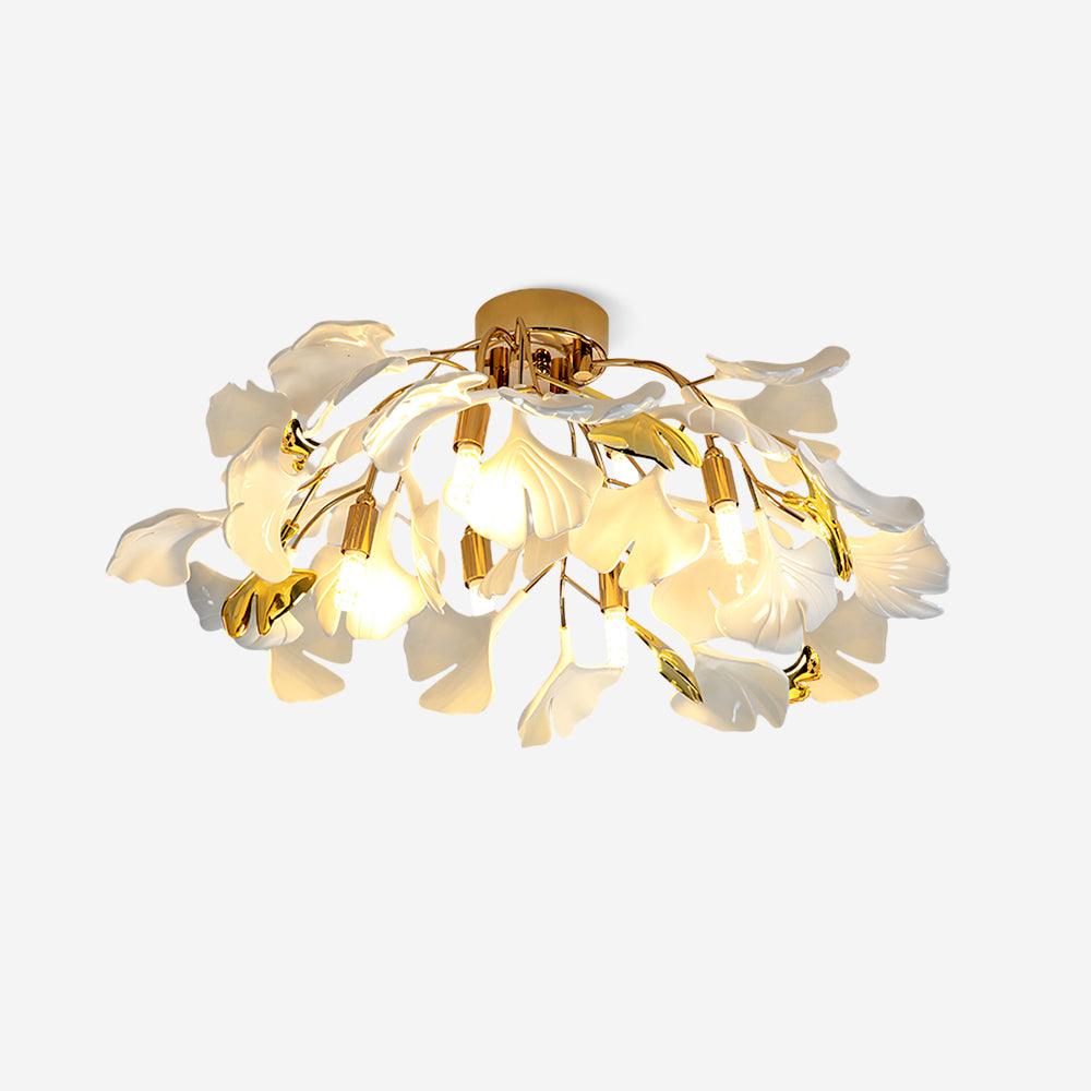 Ginkgo Bloom Ceiling Light With Frosted Glass Leaves And Gold Base