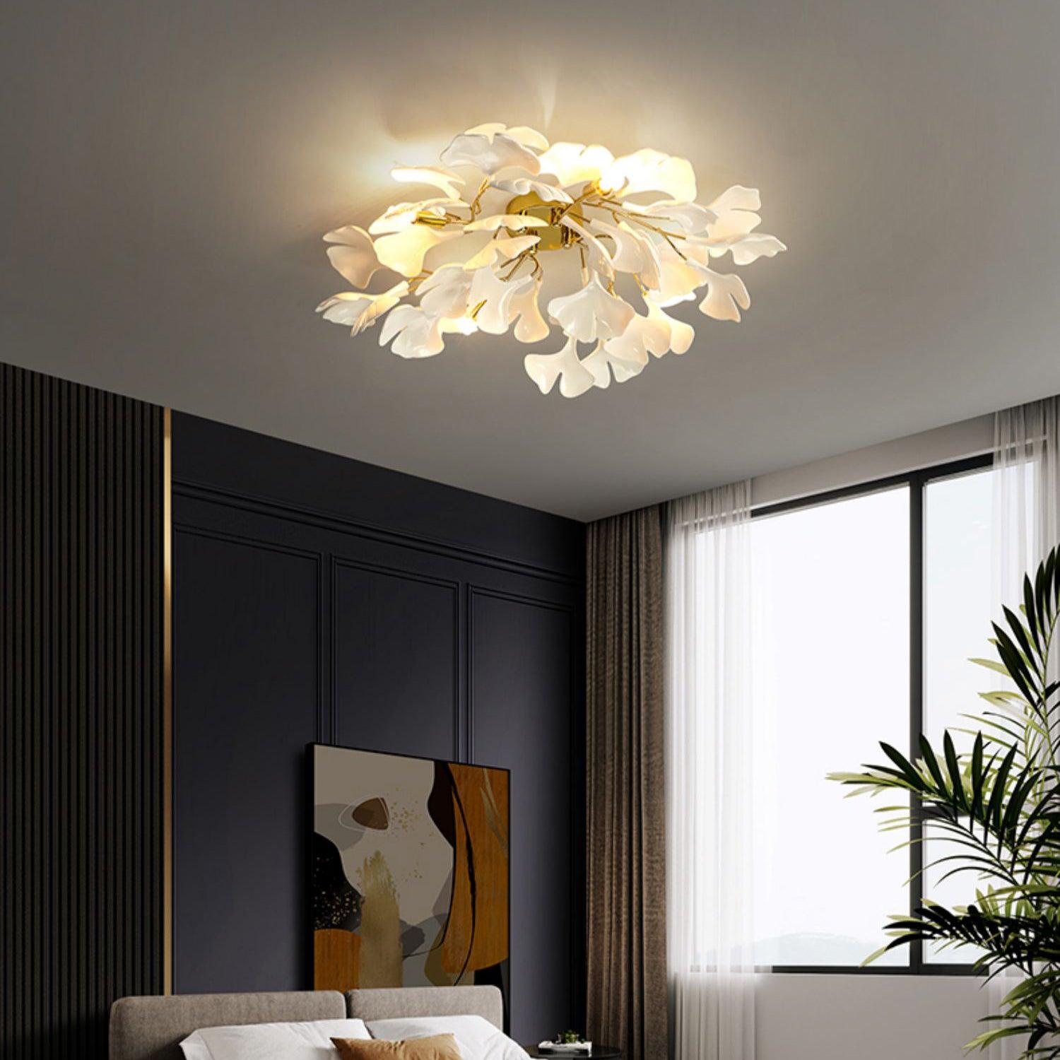 Ginkgo Bloom Ceiling Light With Frosted Glass Leaves And Gold Base