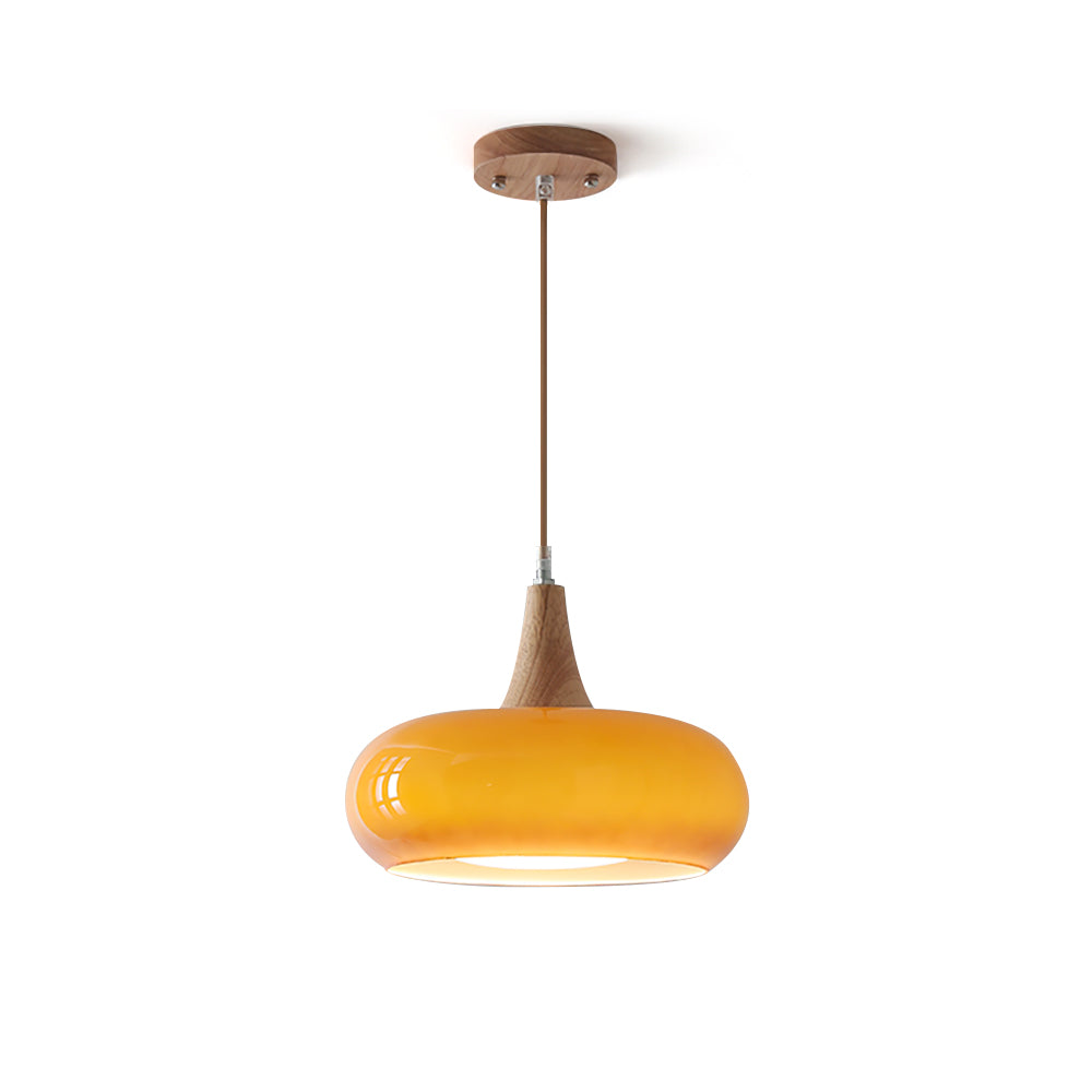 Warm Ambience Wood Pendant Light With Amber Glass Shade