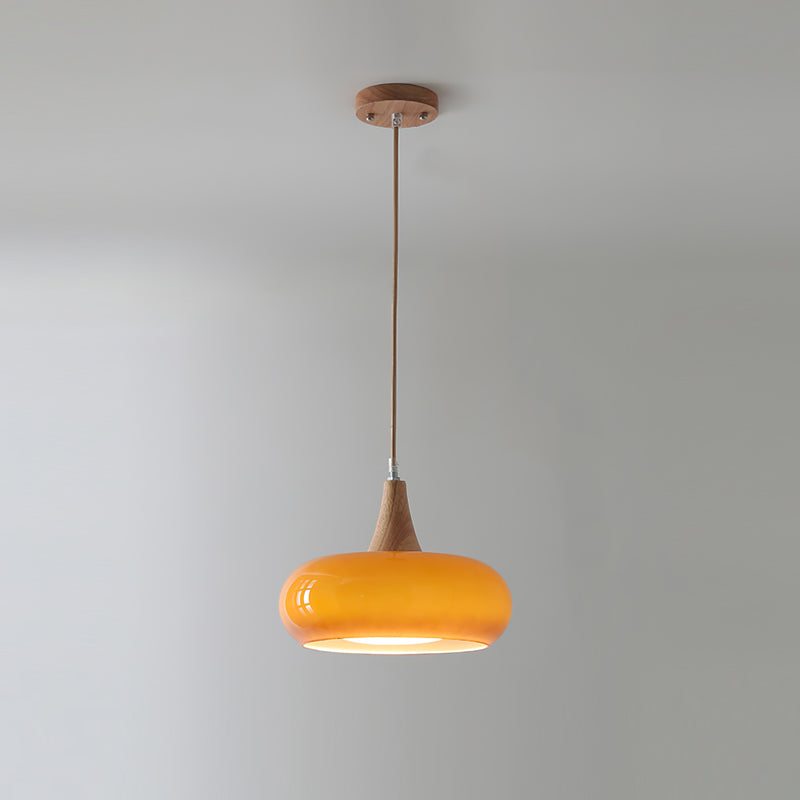 Warm Ambience Wood Pendant Light With Amber Glass Shade