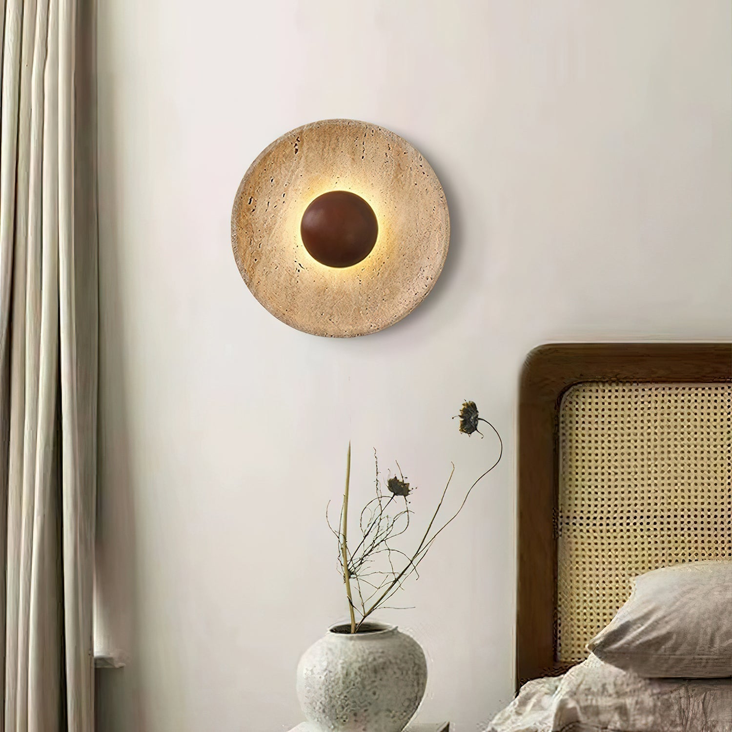 Sculptural Travertine Disc Wall Light With Wooden Sphere