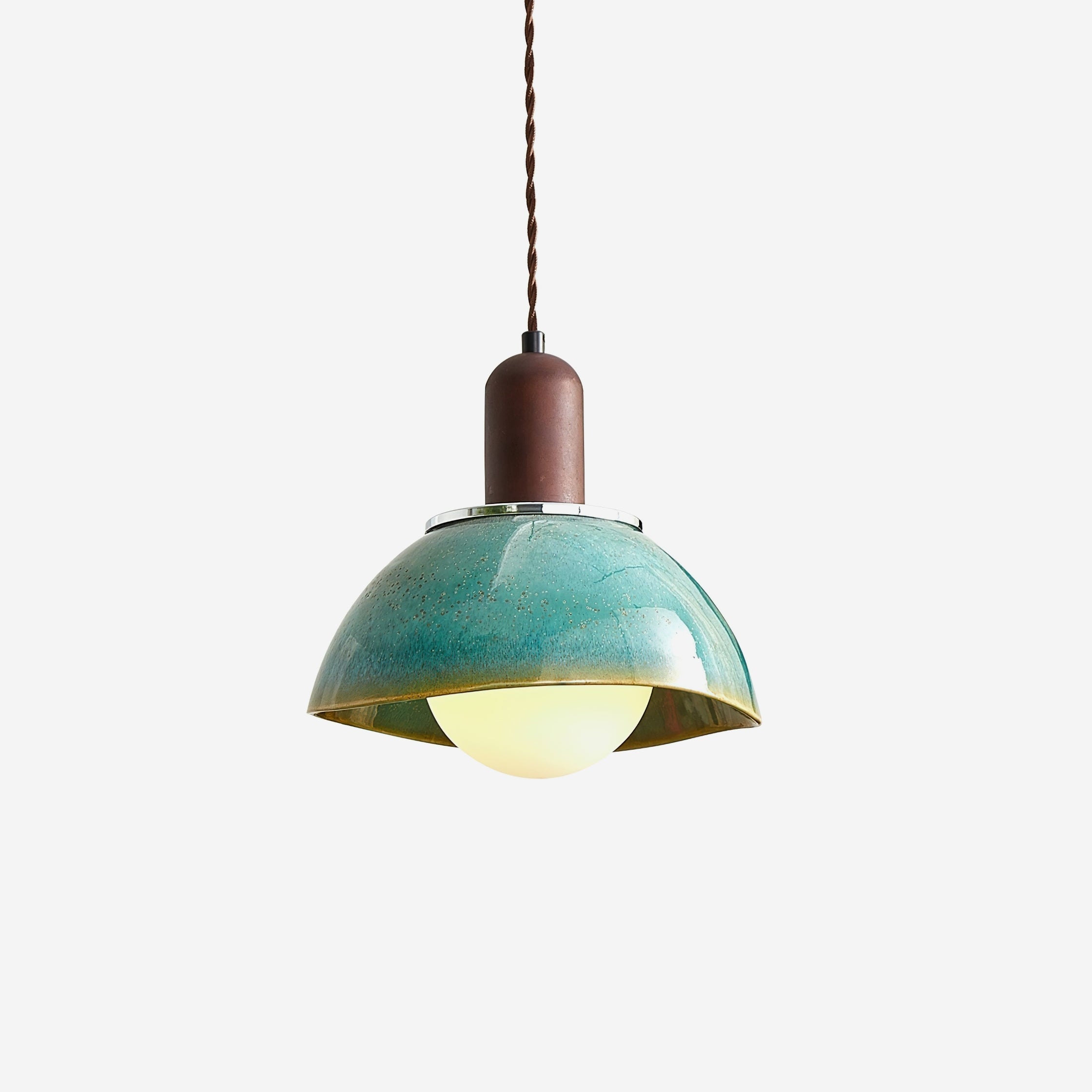 Pendant Lamp With Ceramic Dome And Walnut Wood Ambient Glow