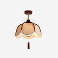 Vintage Fabric Semi Flush Mount Ceiling Light With Walnut Wood Canopy