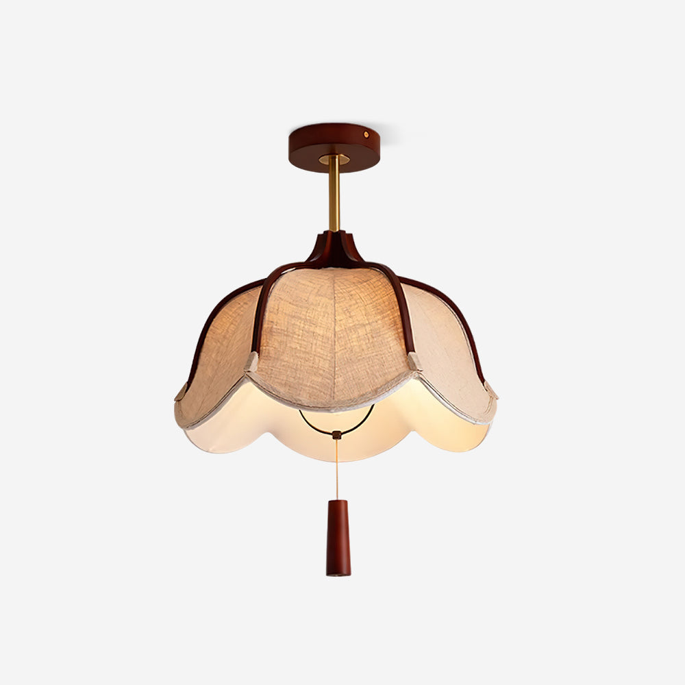 Vintage Fabric Semi Flush Mount Ceiling Light With Walnut Wood Canopy