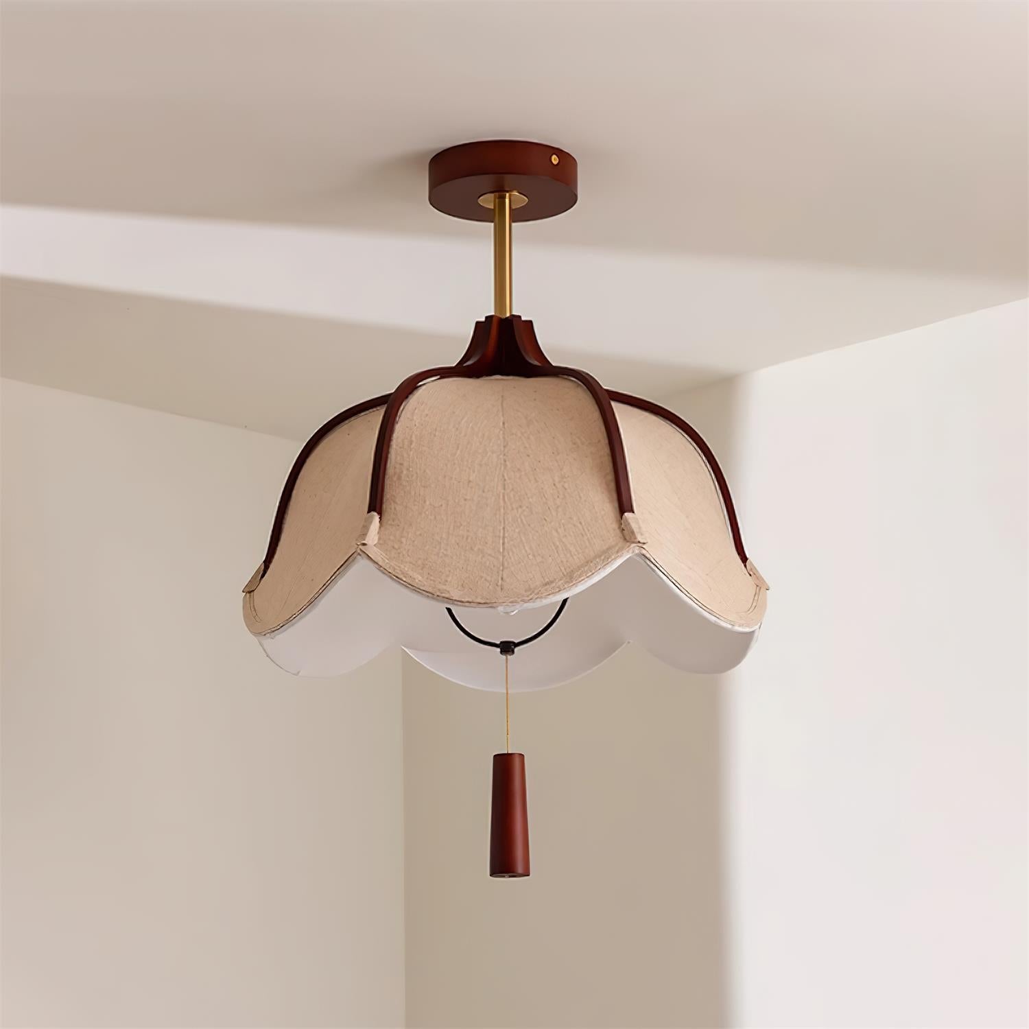 Vintage Fabric Semi Flush Mount Ceiling Light With Walnut Wood Canopy