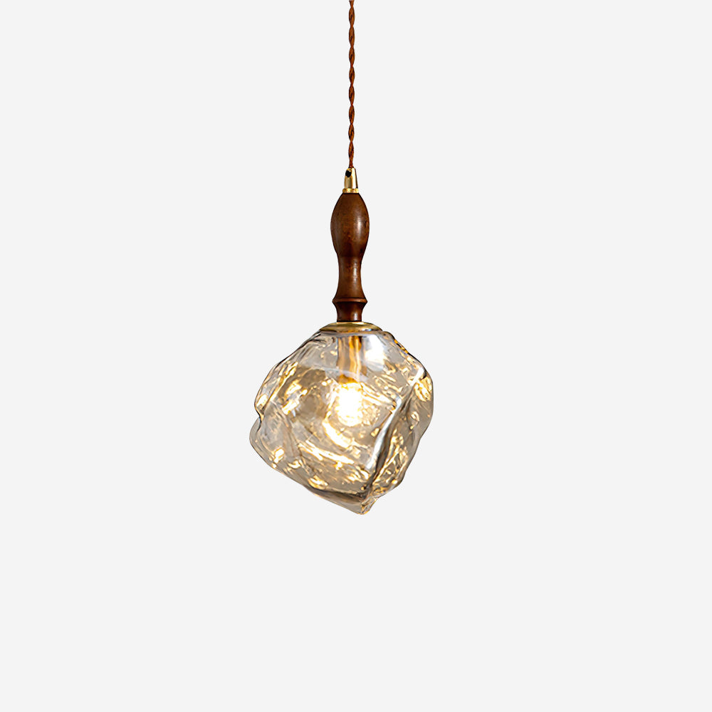 Walnut Wood Glass Cube Pendant Light Dimmer Compatible
