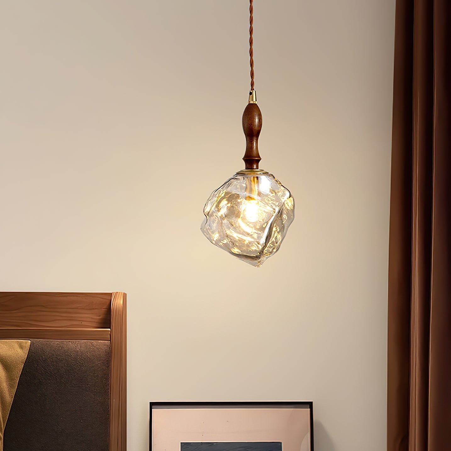 Walnut Wood Glass Cube Pendant Light Dimmer Compatible