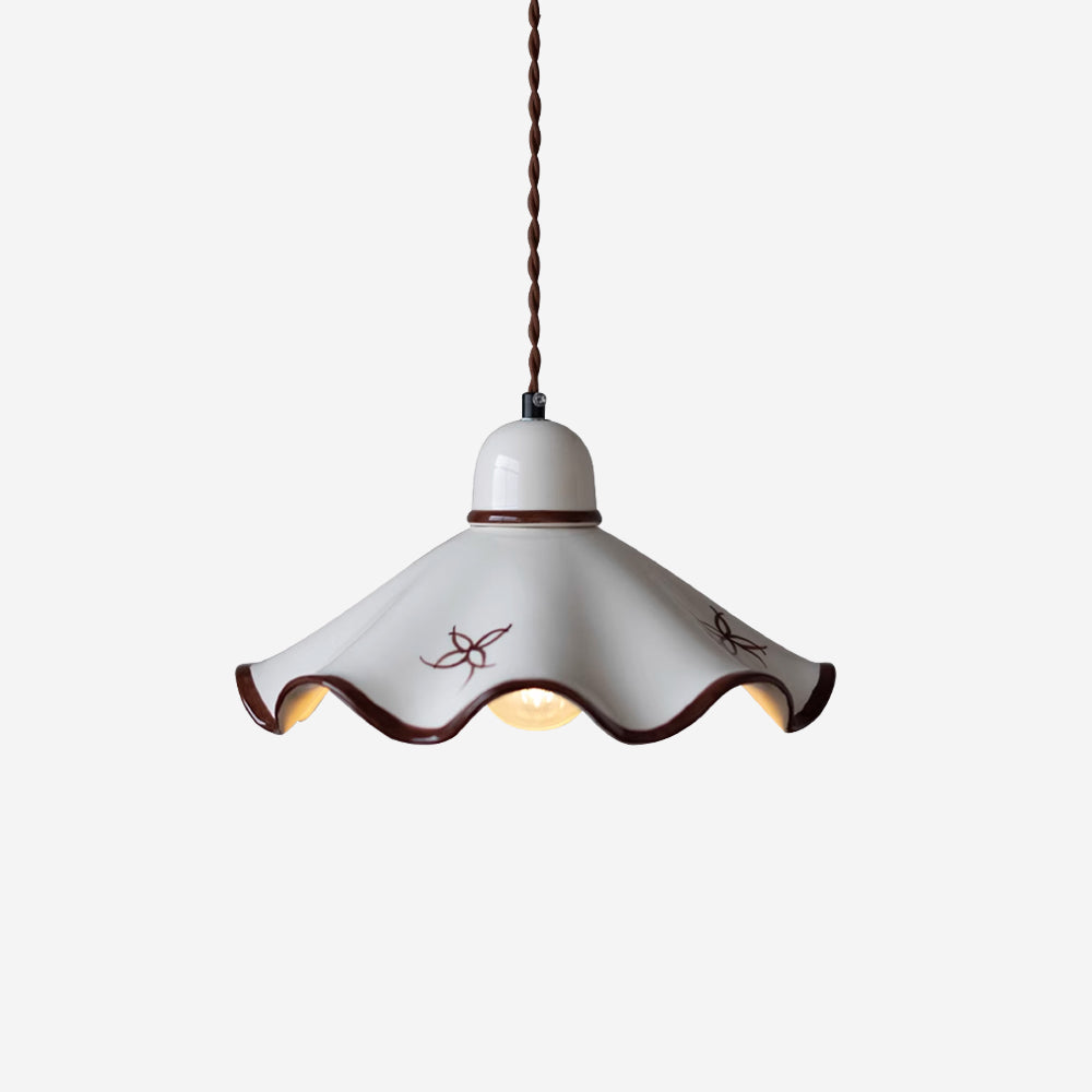Ceramic Pendant Light With Wavy Shade And Brown Trim