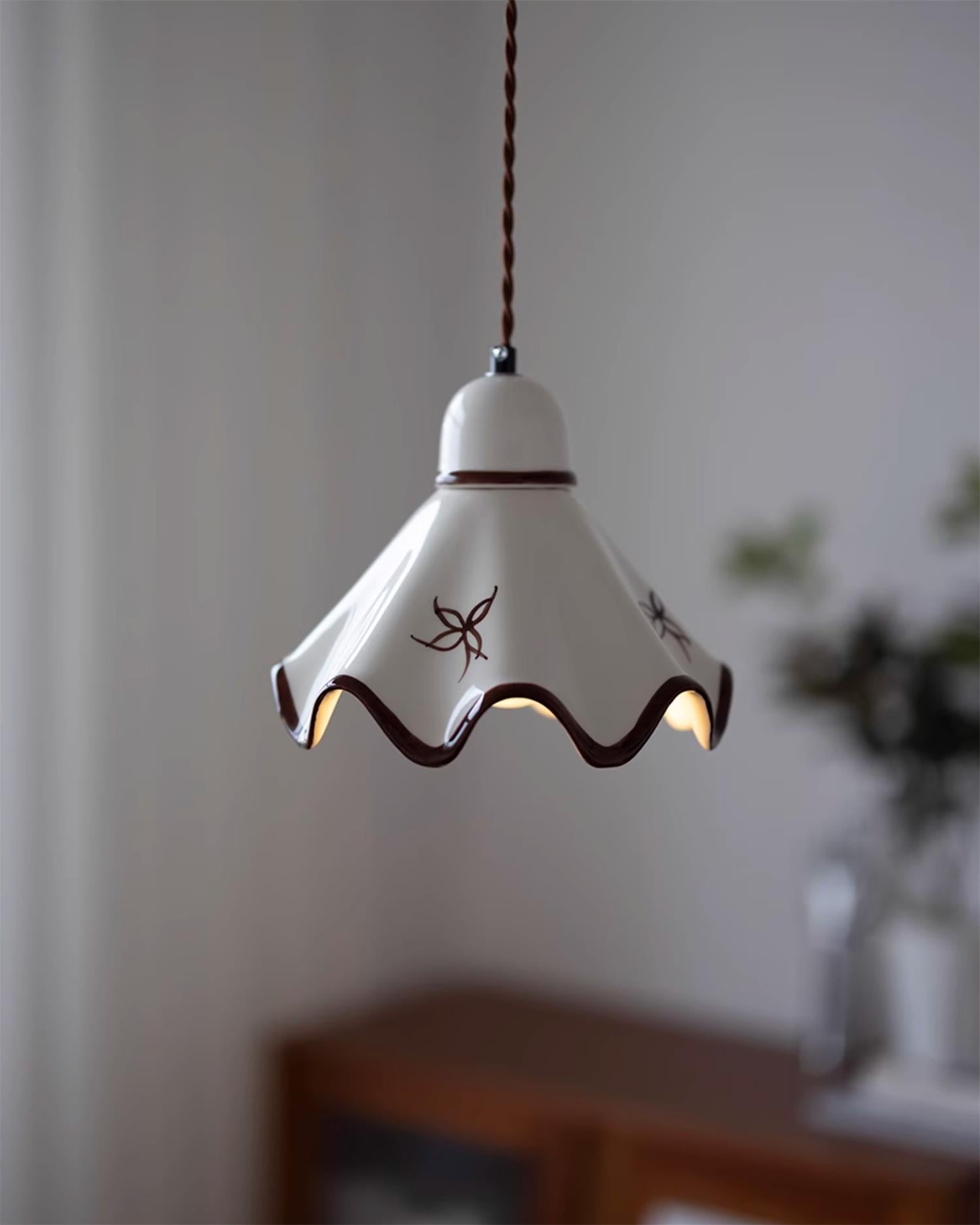 Ceramic Pendant Light With Wavy Shade And Brown Trim