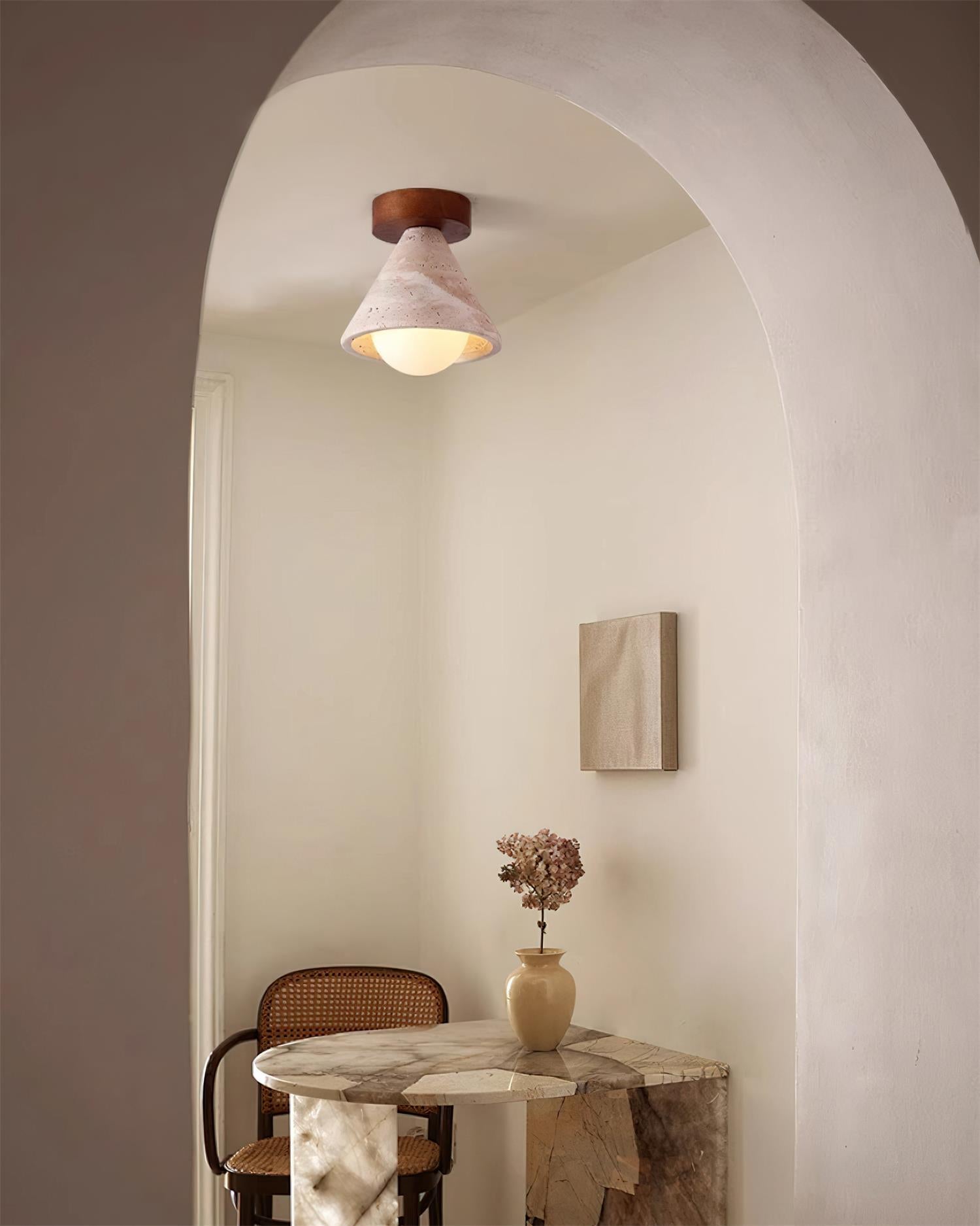 Travertine Flush Mount Ceiling Light With Wooden Canopy And G9 Socket