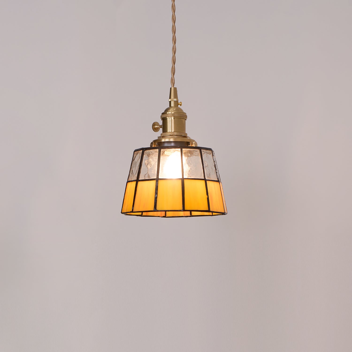 Brass Pendant Lamp With Vintage Stained Glass Shade