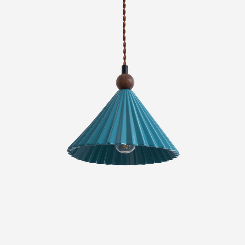 Teal Pleated Ceramic Pendant Light With Wood Accent