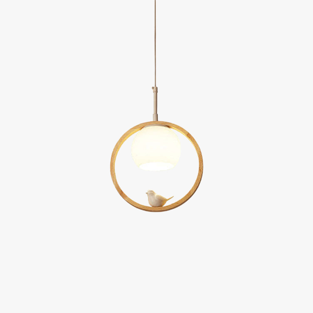Oak Wood Pendant Light With Milky Glass Shade