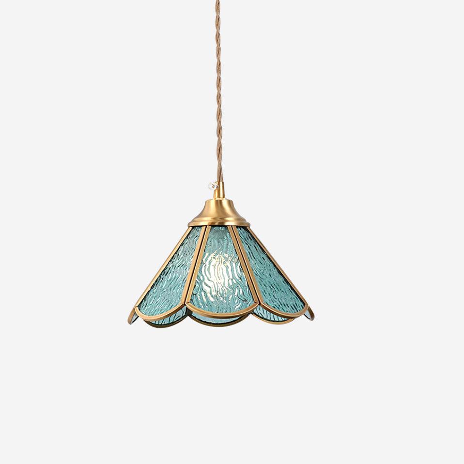 Pendant Lamp With Textured Blue Glass Shade And Brass Finish