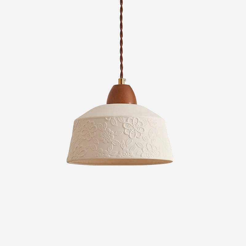Walnut Wood Drum Pendant Lamp With Ceramic Shade Soft Glow