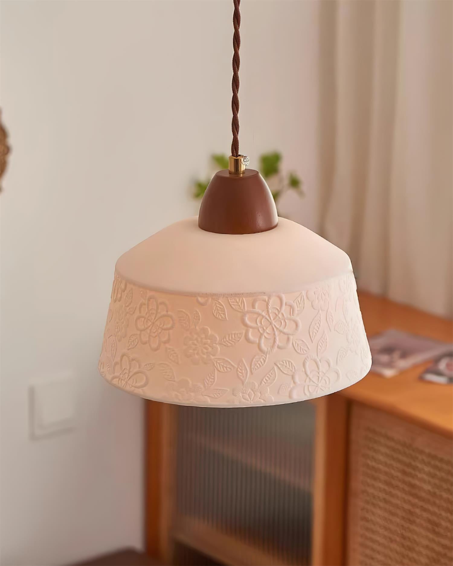 Walnut Wood Drum Pendant Lamp With Ceramic Shade Soft Glow