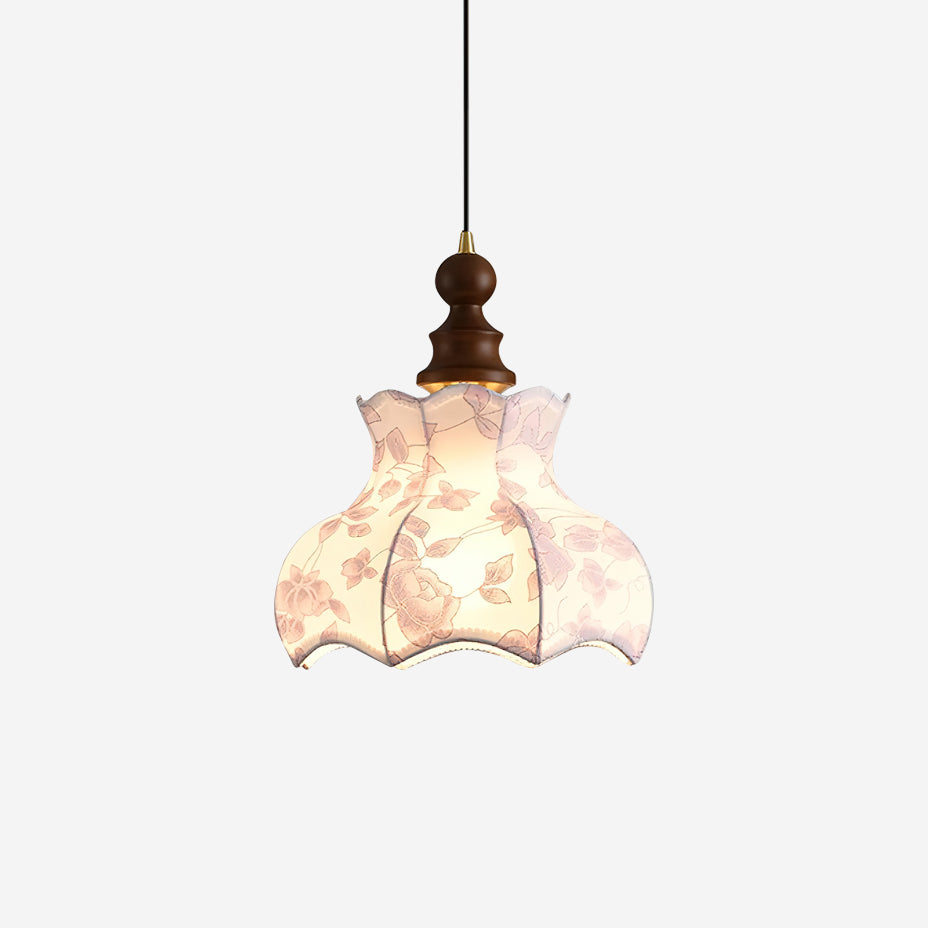 Elegant Wood And Metal Pendant Lamp With Floral Shade