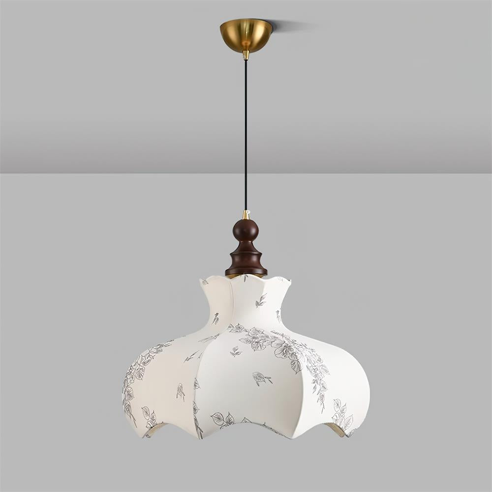Elegant Wood And Metal Pendant Lamp With Floral Shade