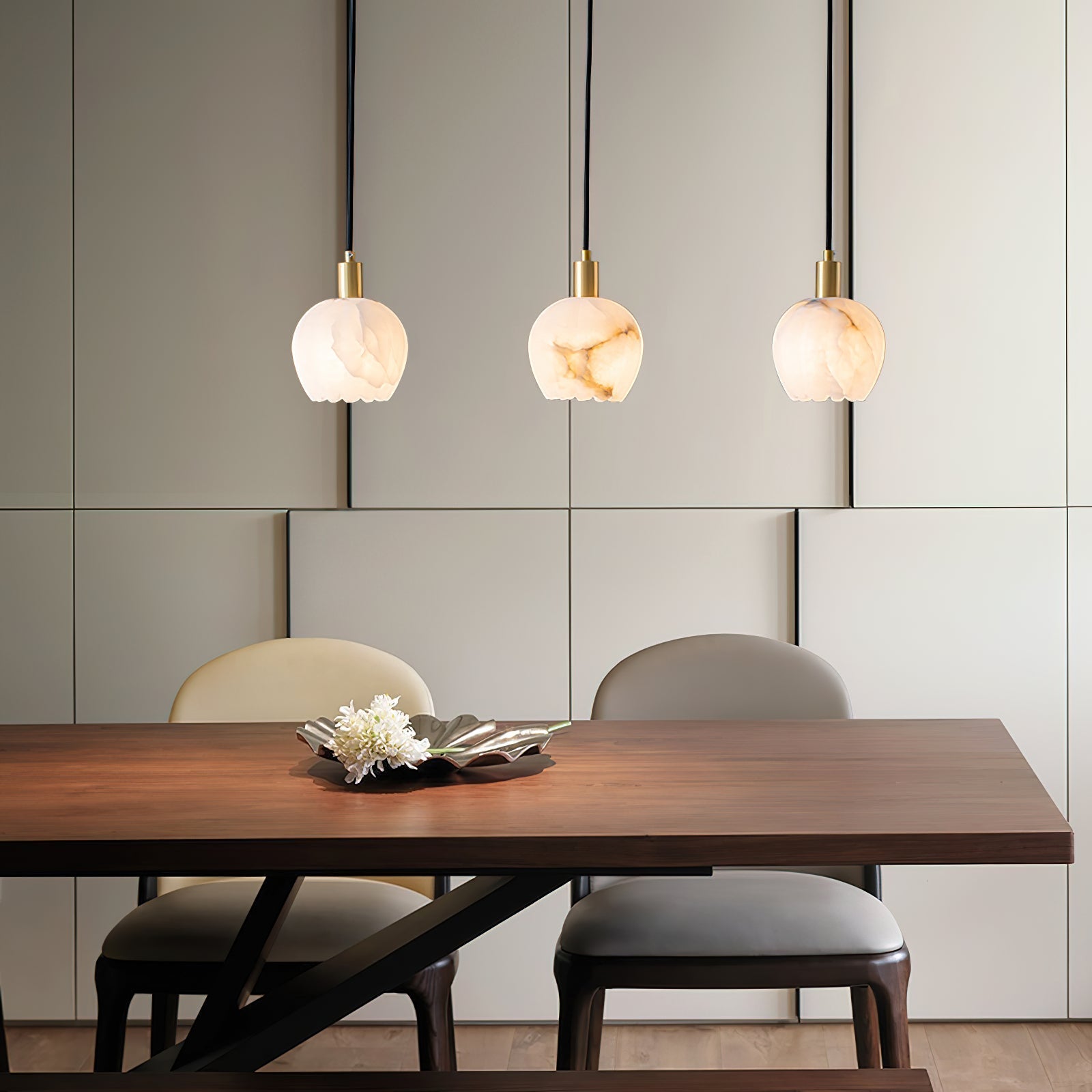Alabaster Flower Pendant Light With Brass Accents