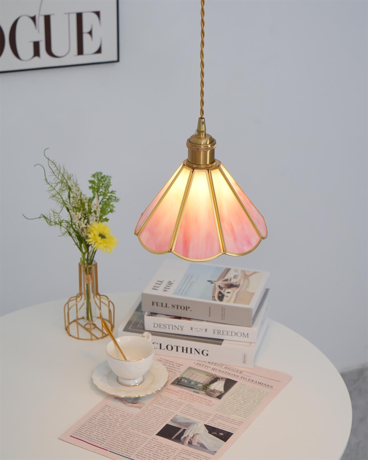 Pink Stained Glass Pendant Light Dimmable With Brass Finish