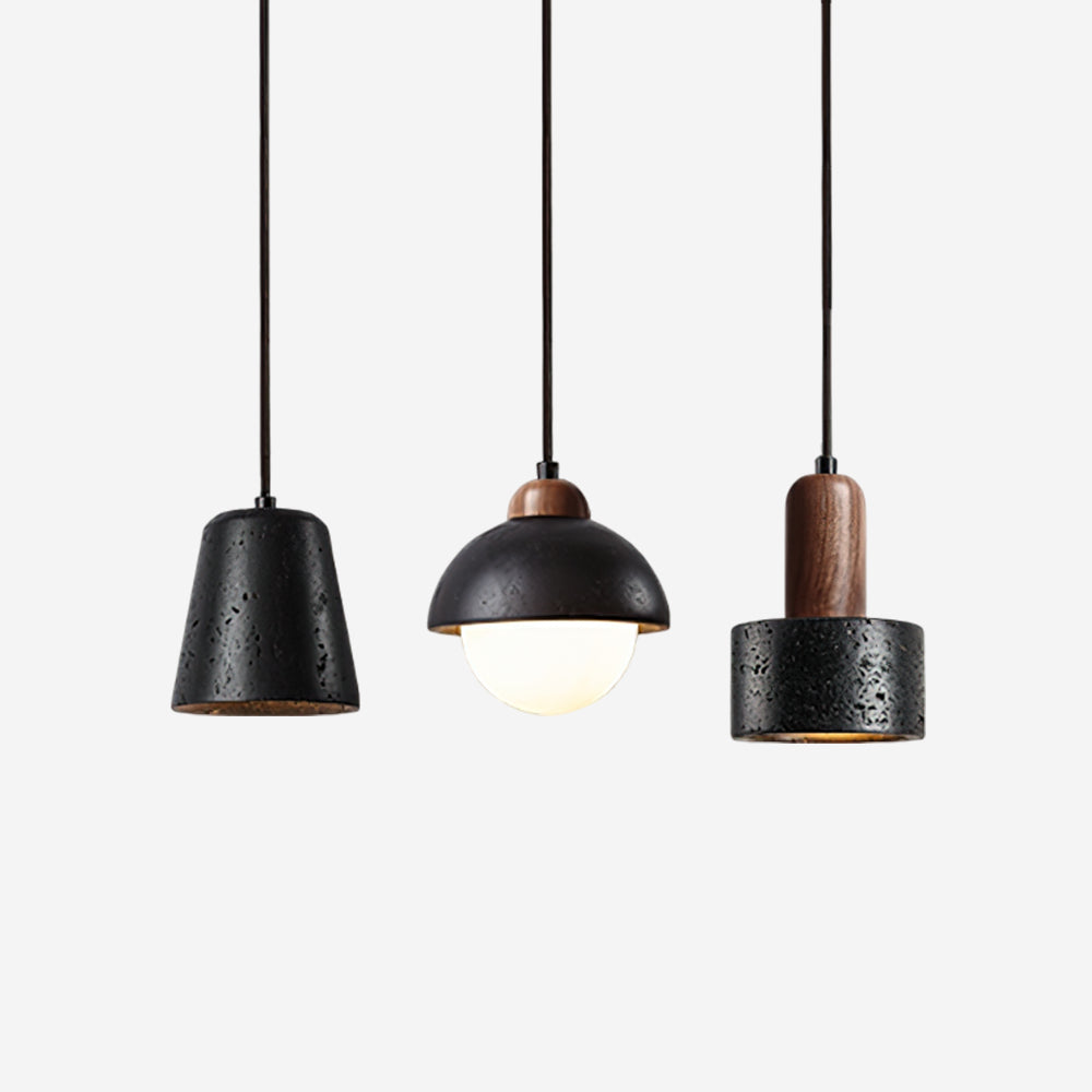 Geometric Travertine Pendant Lights With Warm Wood Accents