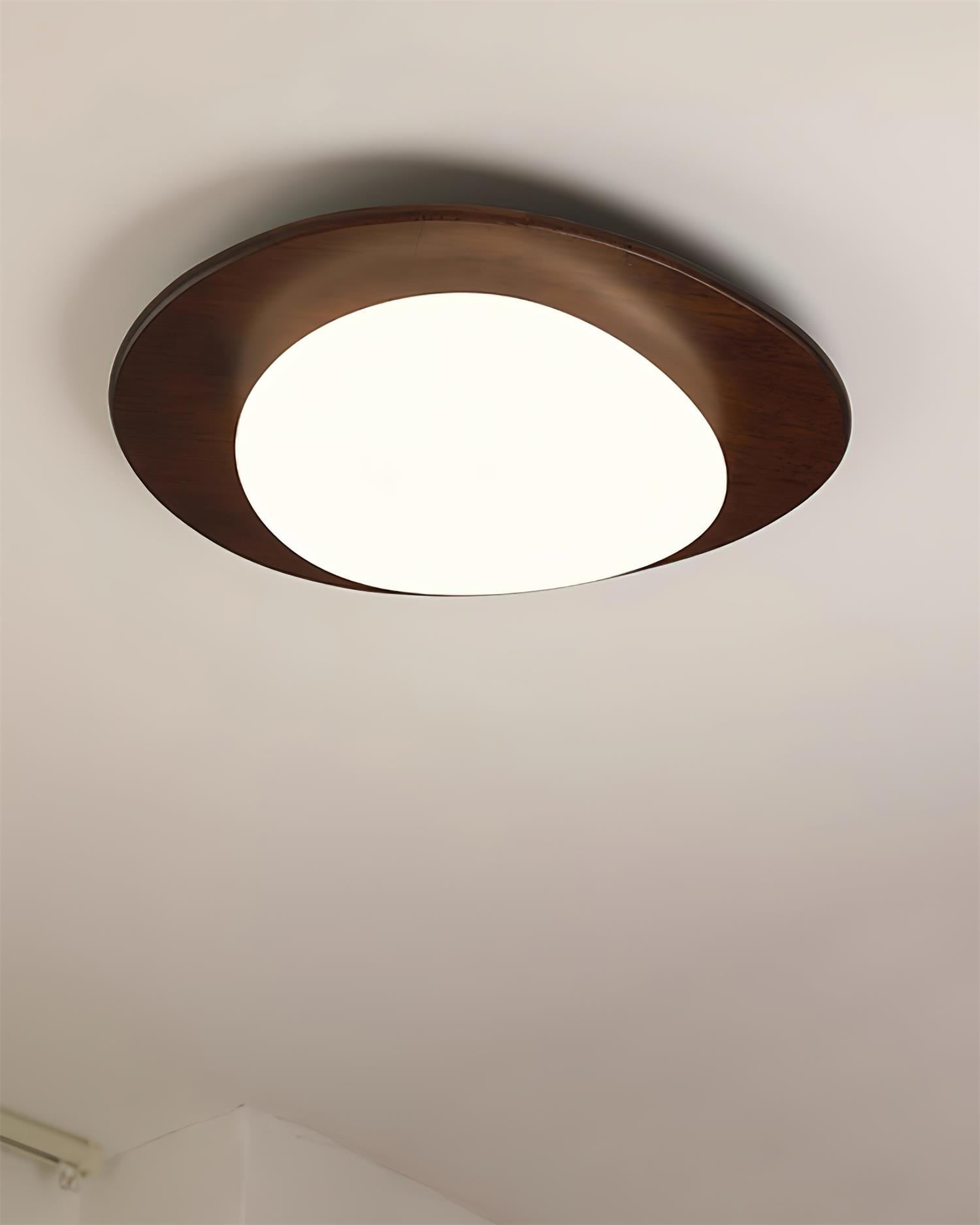 Walnut Wood Ceiling Light With White Oval Shade Integrated LED