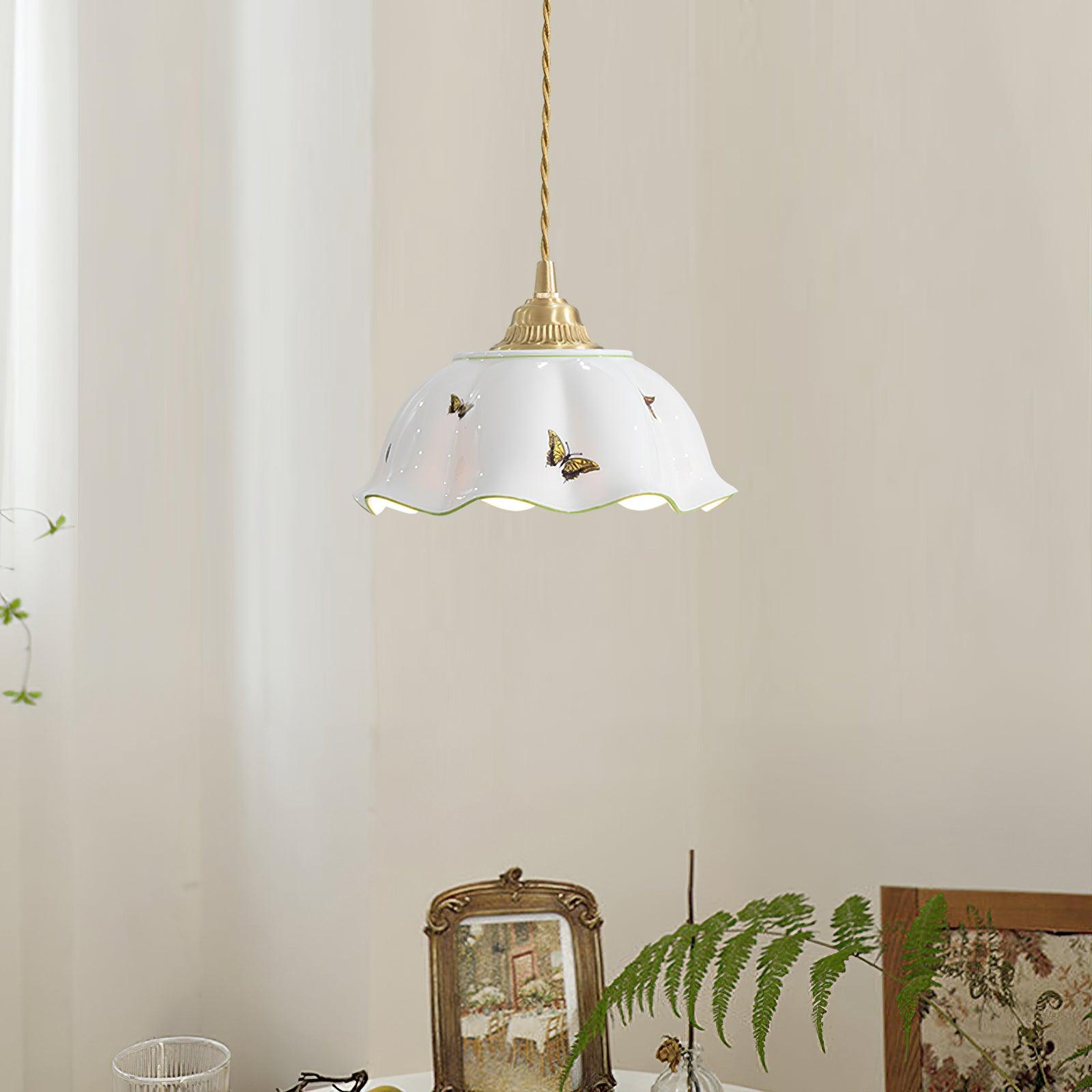 Ceramic Pendant Lamp With Petal Shade And Butterflies