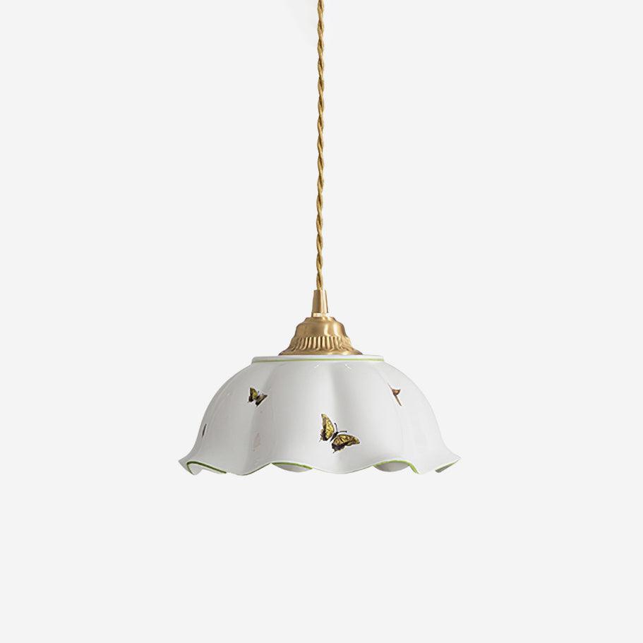 Ceramic Pendant Lamp With Petal Shade And Butterflies