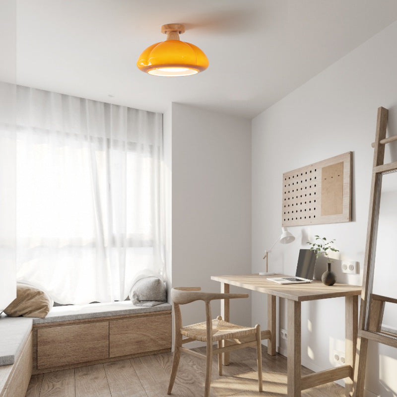 Serene Glass And Wood LED Flush Mount Ceiling Light For Living Room