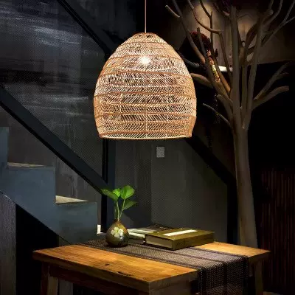 Retro Led Pendant Light With Rattan Accent