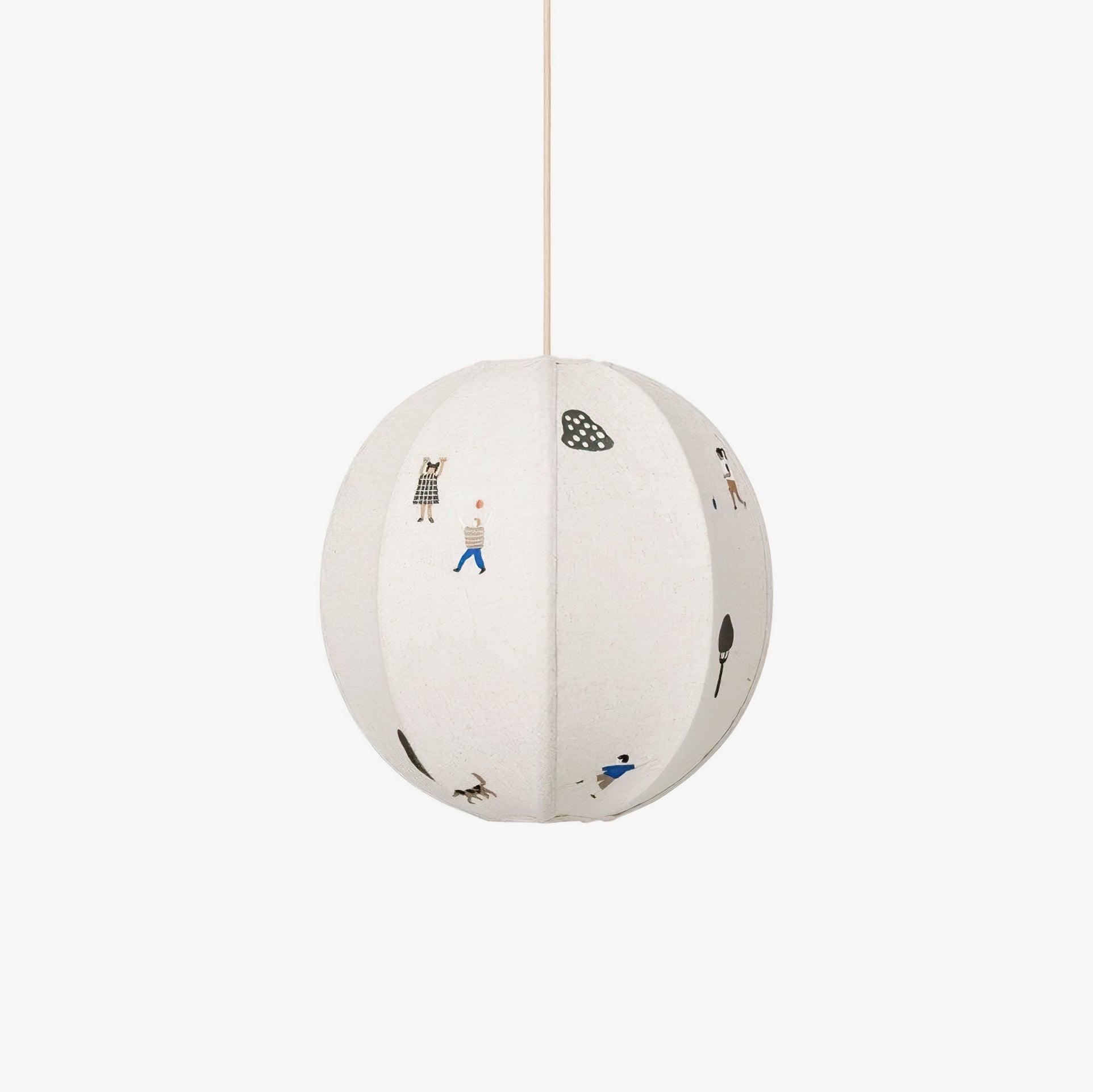 Paper Ball Pendant Light With Cotton Embroidered Park Scene