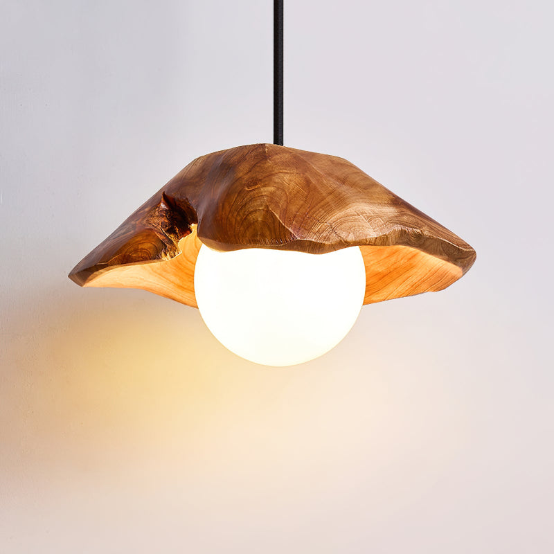 Sculpted Wood Pendant Light With Glass Globe