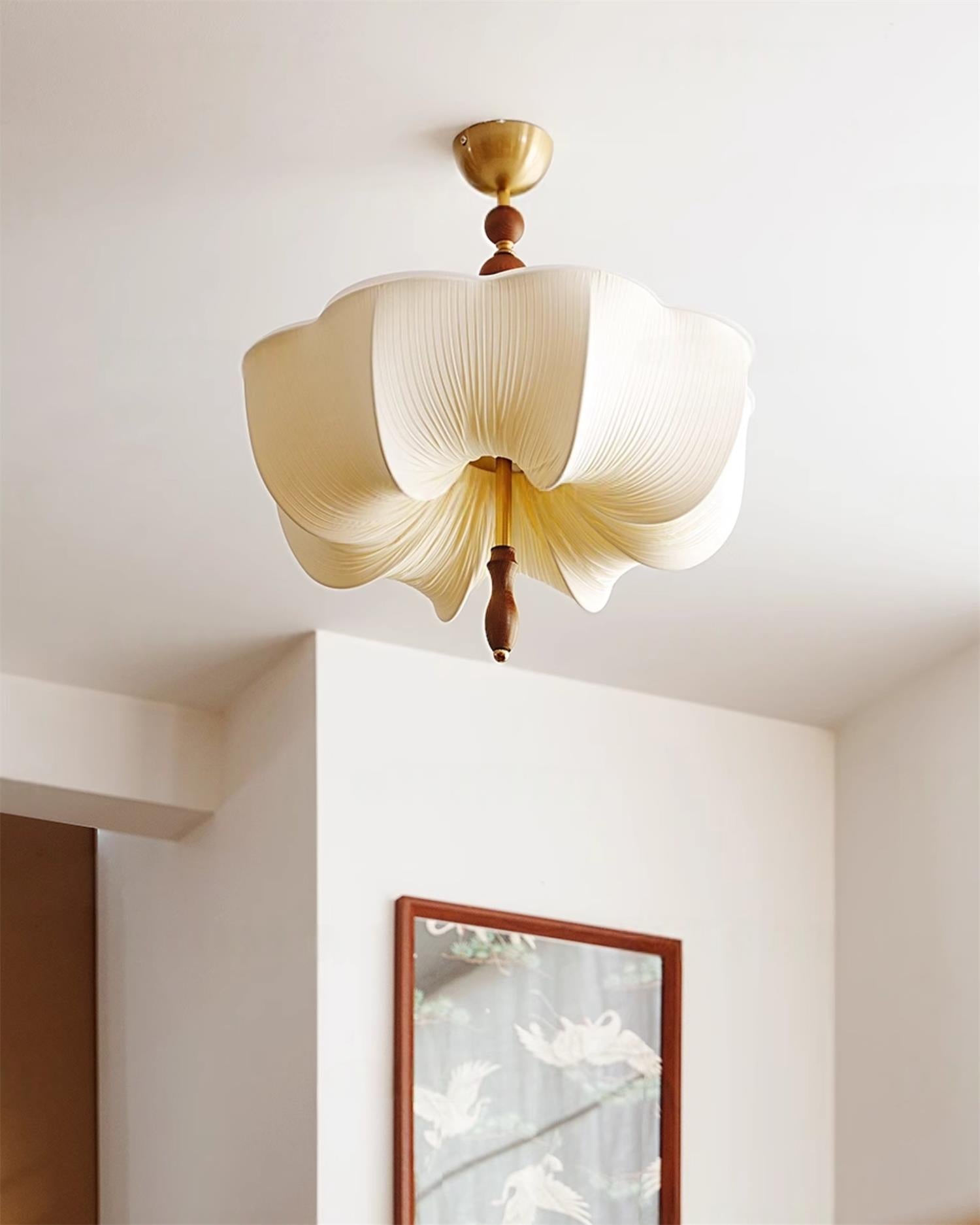 Lux Metal And Wood Ceiling Light With Gold Fabric Shade Four Bulbs