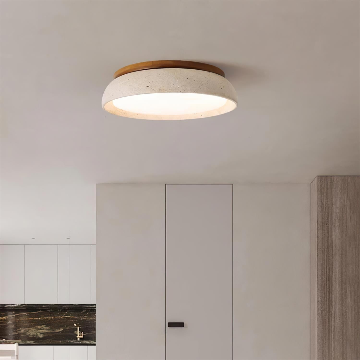 Natural Stone Travertine Ceiling Light With Wooden Base