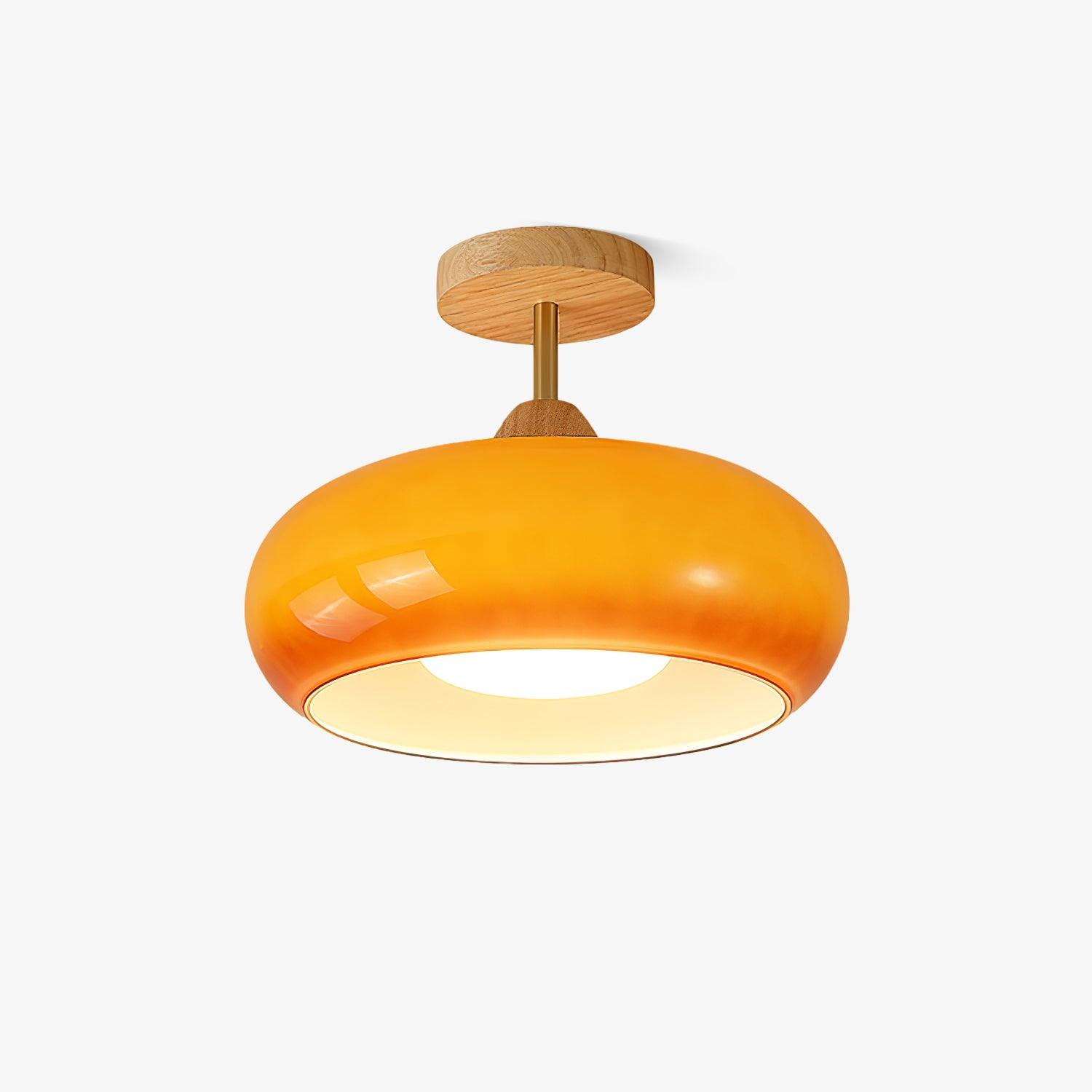 Bauhaus Glass Disc Flush Mount Ceiling Light Wood, Orange And White