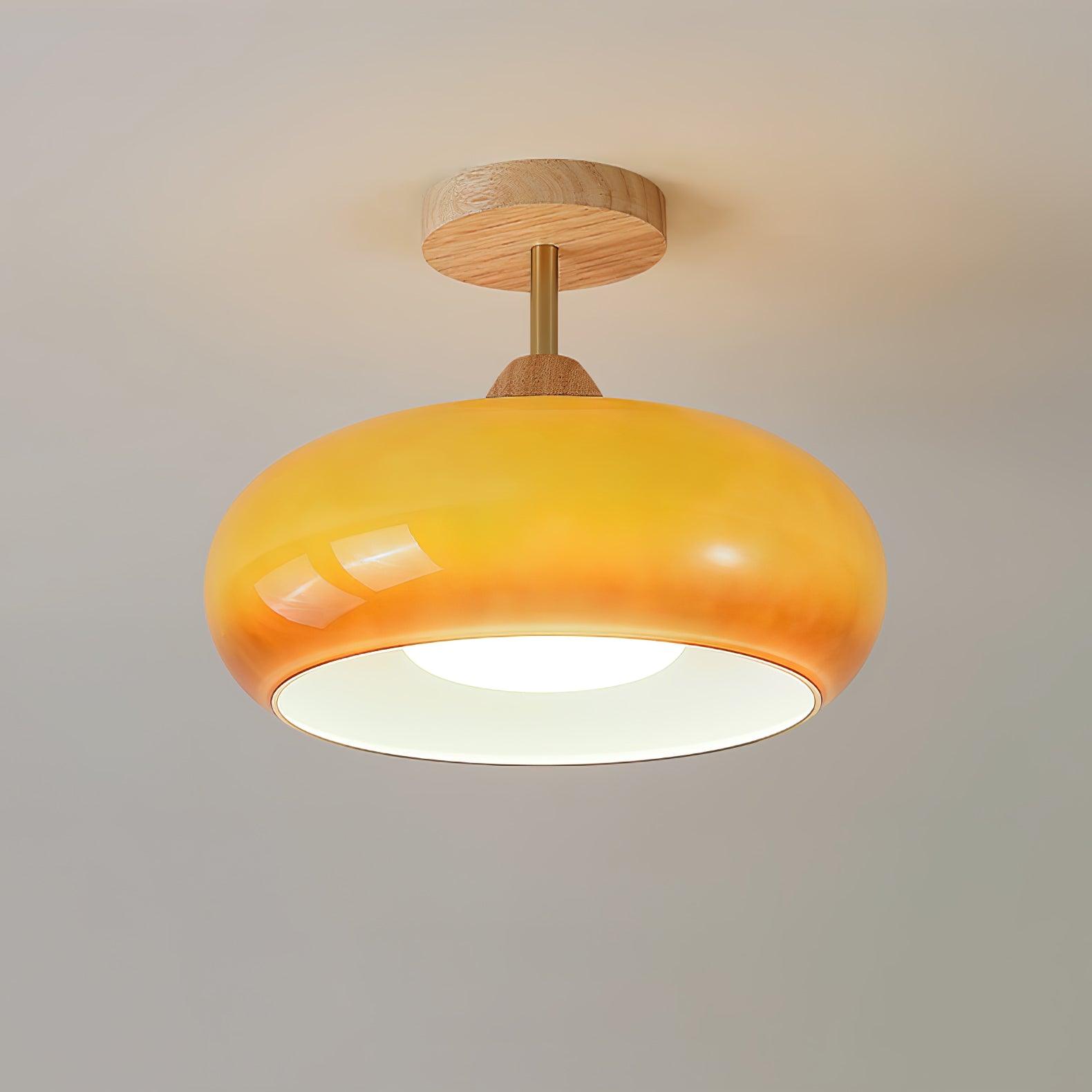Bauhaus Glass Disc Flush Mount Ceiling Light Wood, Orange And White