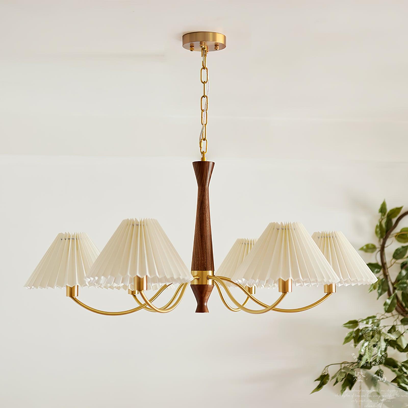 Pleated Fabric Chandelier With Wooden Centre And Brass Arms