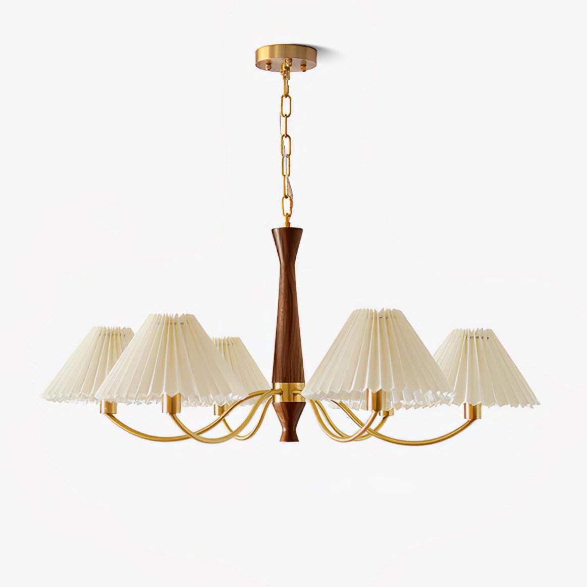 Pleated Fabric Chandelier With Wooden Centre And Brass Arms