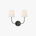 Curved Arms Black Brass Finish Wall Lamp With White Fabric Shades