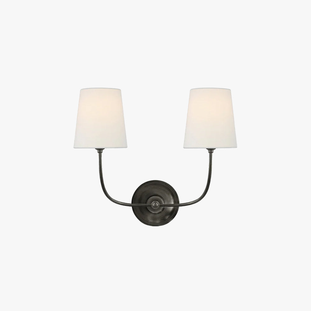 Curved Arms Black Brass Finish Wall Lamp With White Fabric Shades