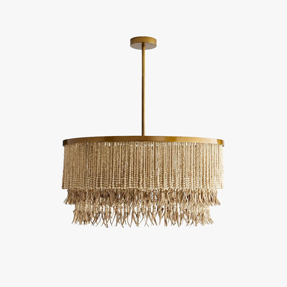 Layered Wood And Coconut Beads Chandelier With Antique Brass Frame