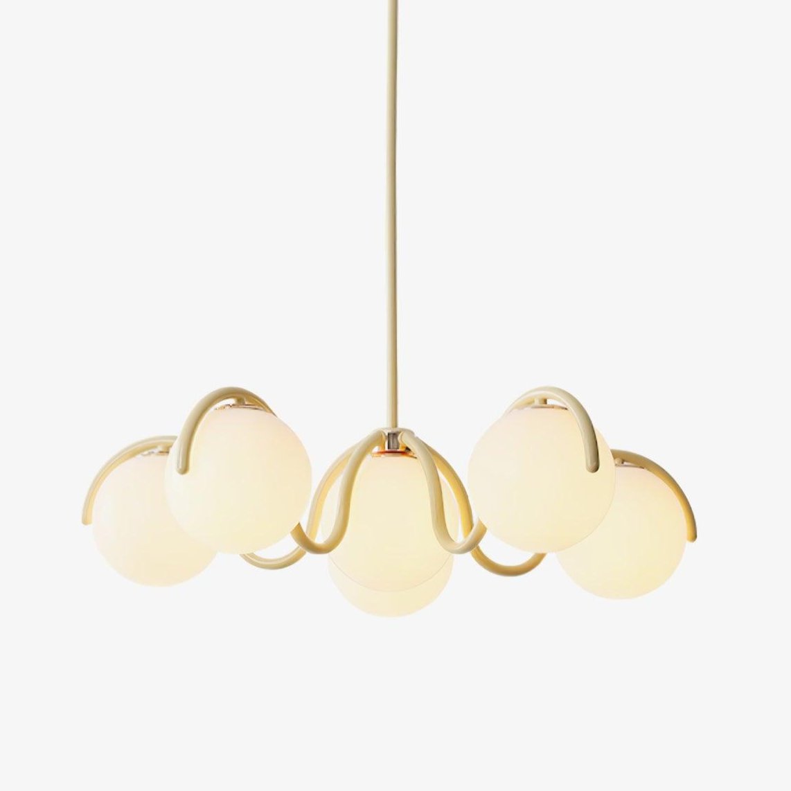 Sculptural Arc Linear Chandelier With White Glass Globes