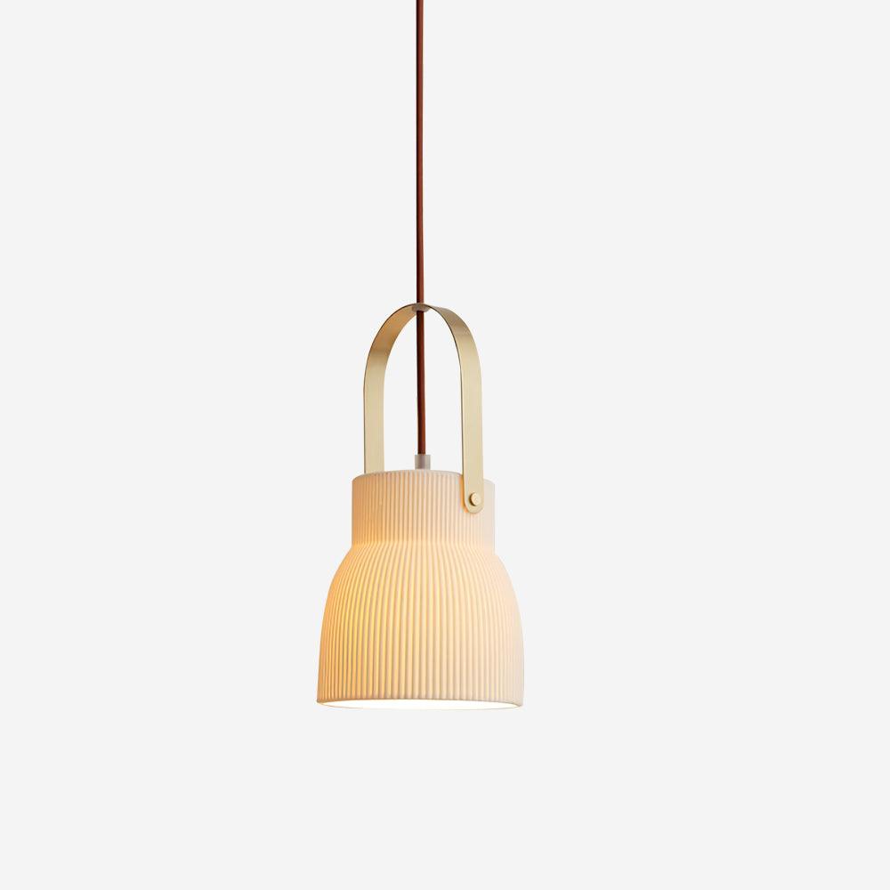 Pendant Lamp With Ribbed White Ceramic And Brass Handle