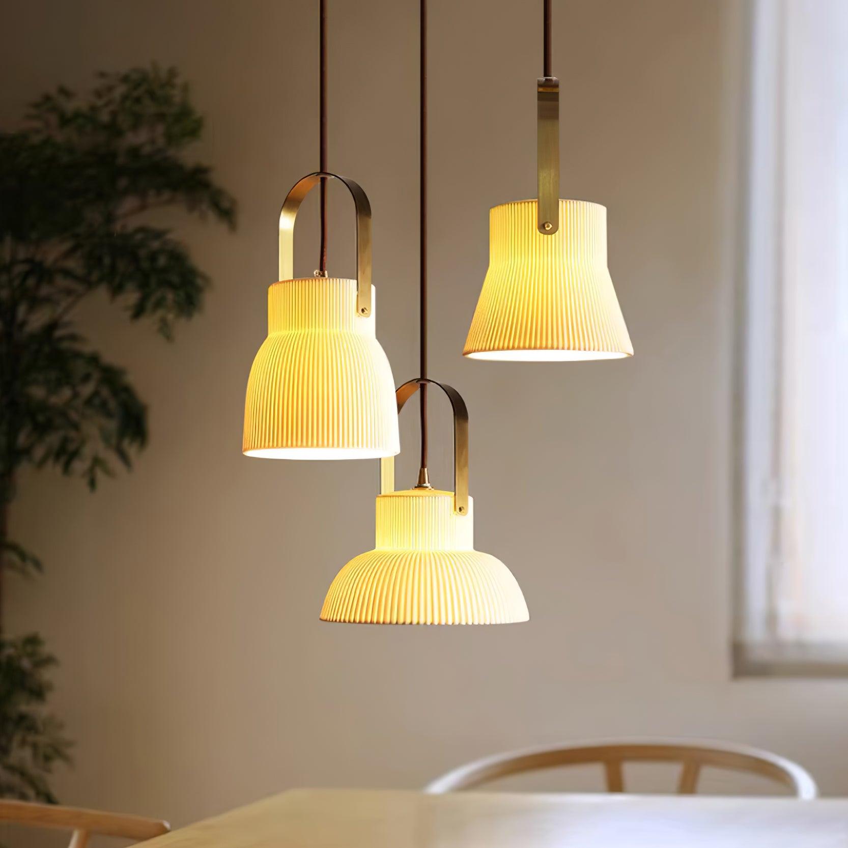 Pendant Lamp With Ribbed White Ceramic And Brass Handle