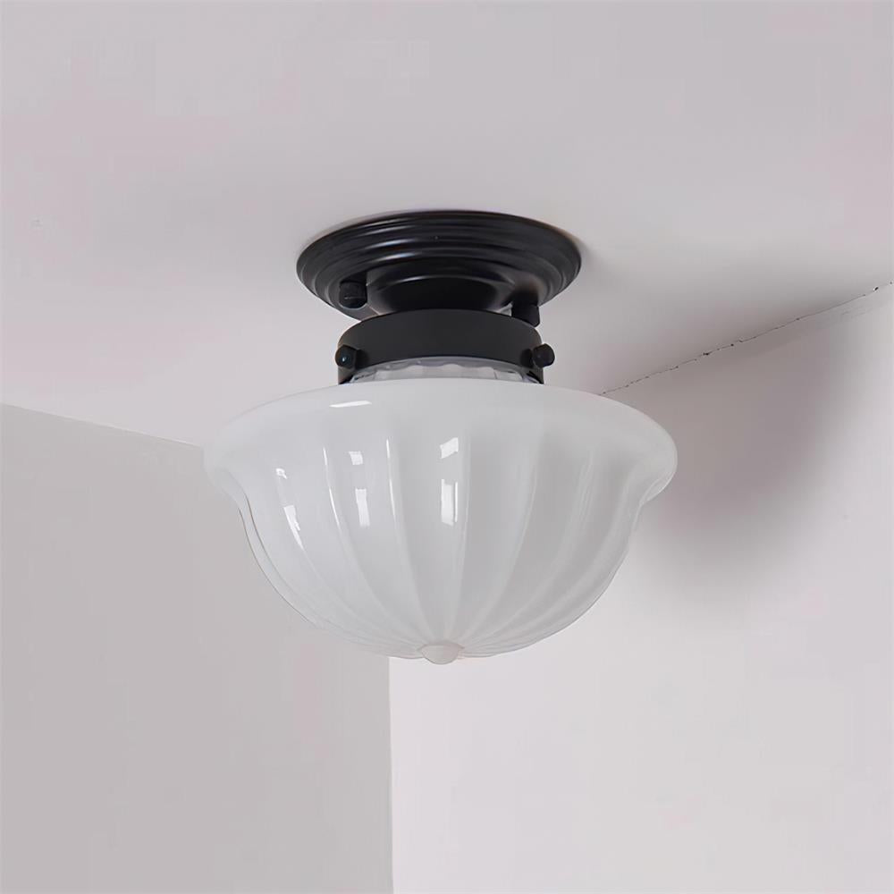 Vintage Opal Glass Ceiling Light Dimmable With Black Metal Canopy