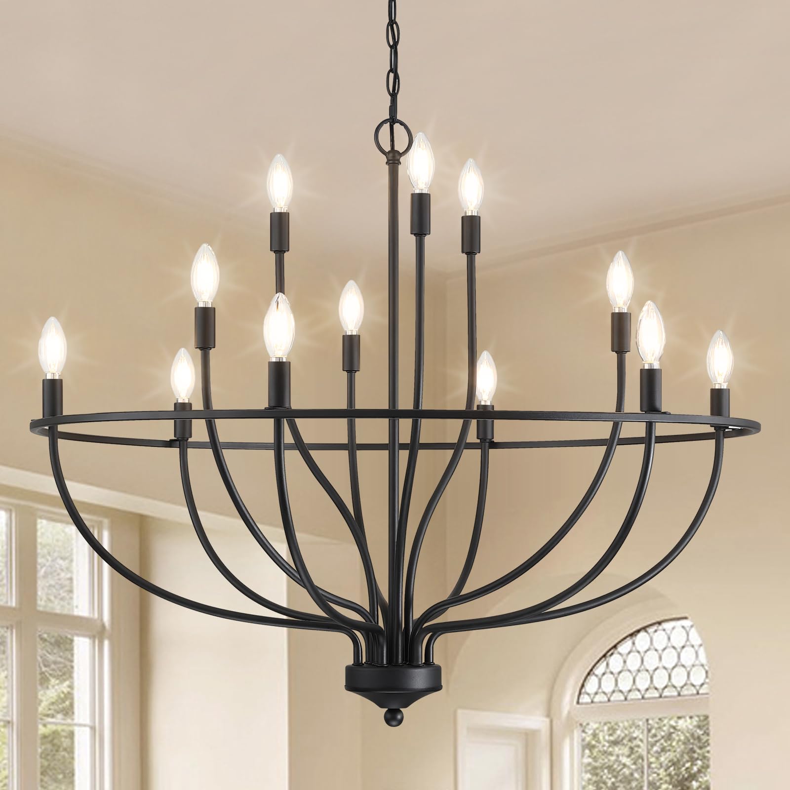 Industrial Metal Candle Chandelier In Black Champagne Finish