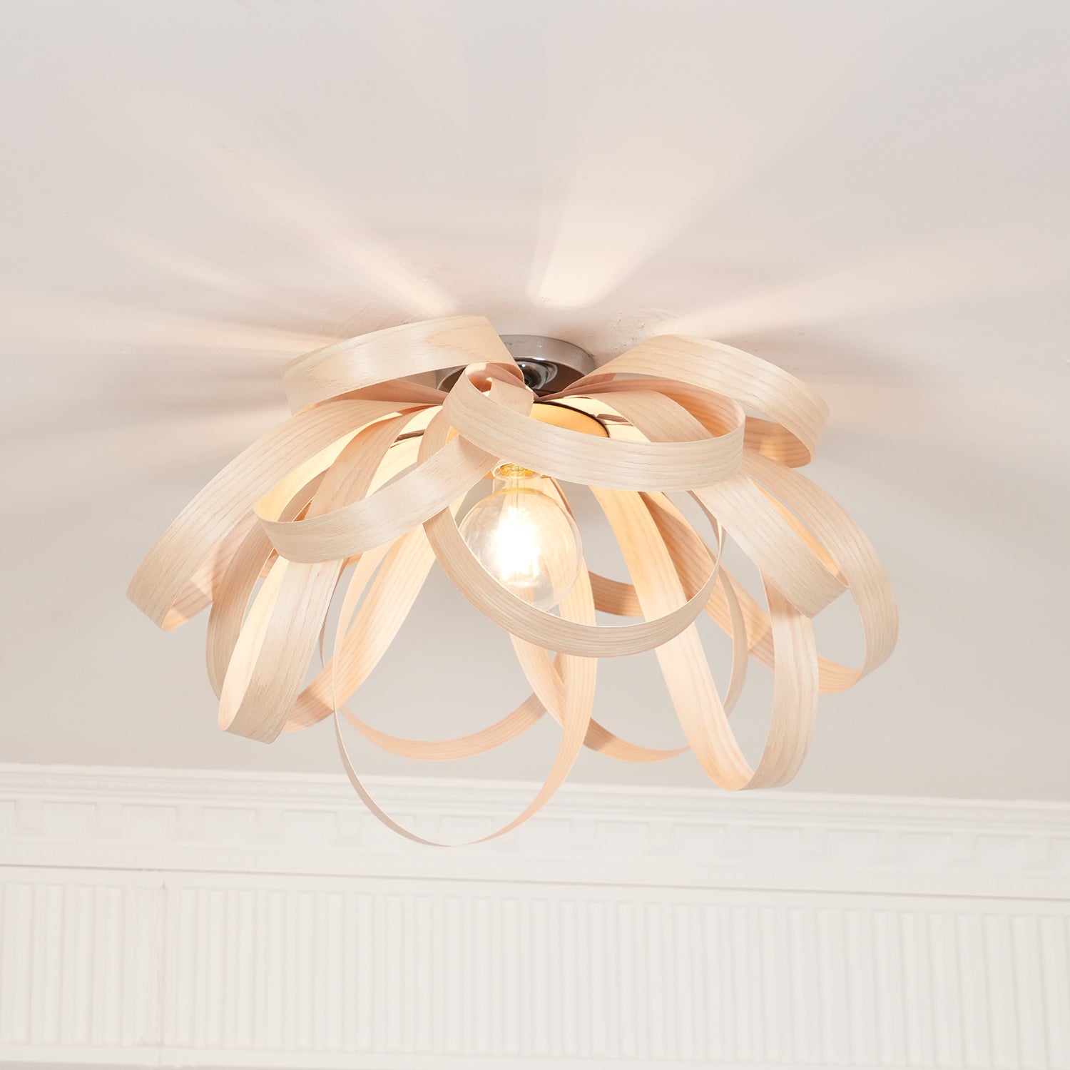 Walnut Wood Ribbon Ceiling Light With Metal Canopy Dimmable