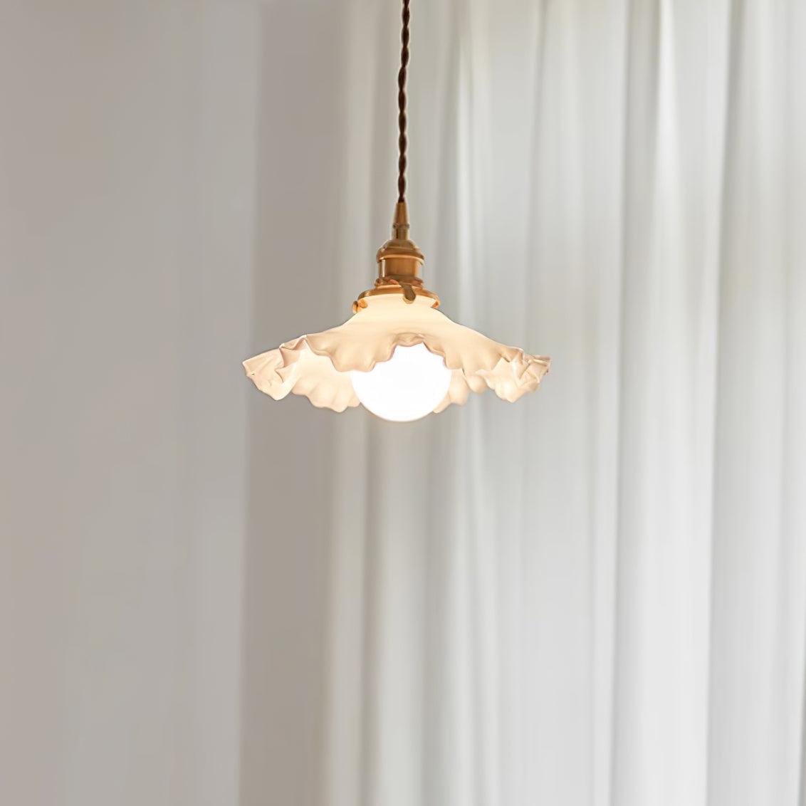 Brass Pendant Lamp With Glass Ruffle Shade Warm Glow