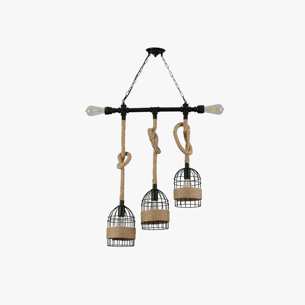 Retro LED Pendant Light In Black Metal With Rope Detail