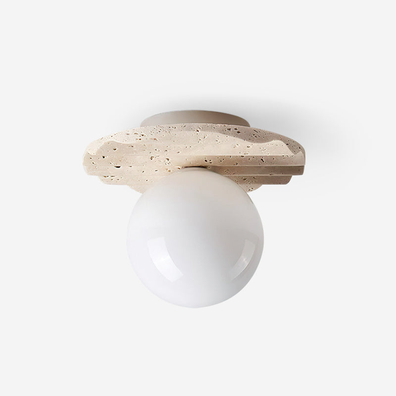 Travertine Stone Ceiling Light With Sculpted Base And Glass Diffuser
